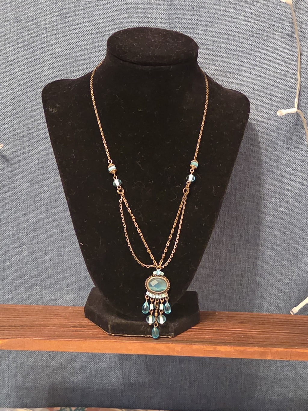 Lia Sophia Blue Bead Double Loop Necklace Antique Gold Tone Boho