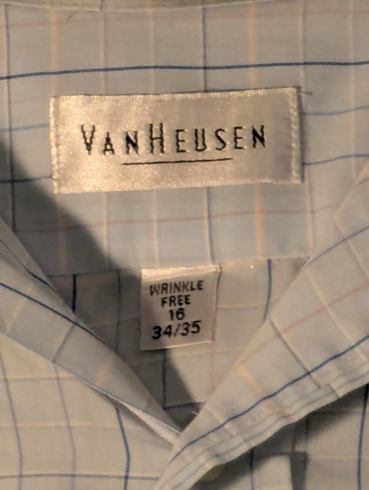 Van Heusen Wrinkle Free Broadcloth Dress Shirt Men's 16 (34/35) Light Blue Plaid