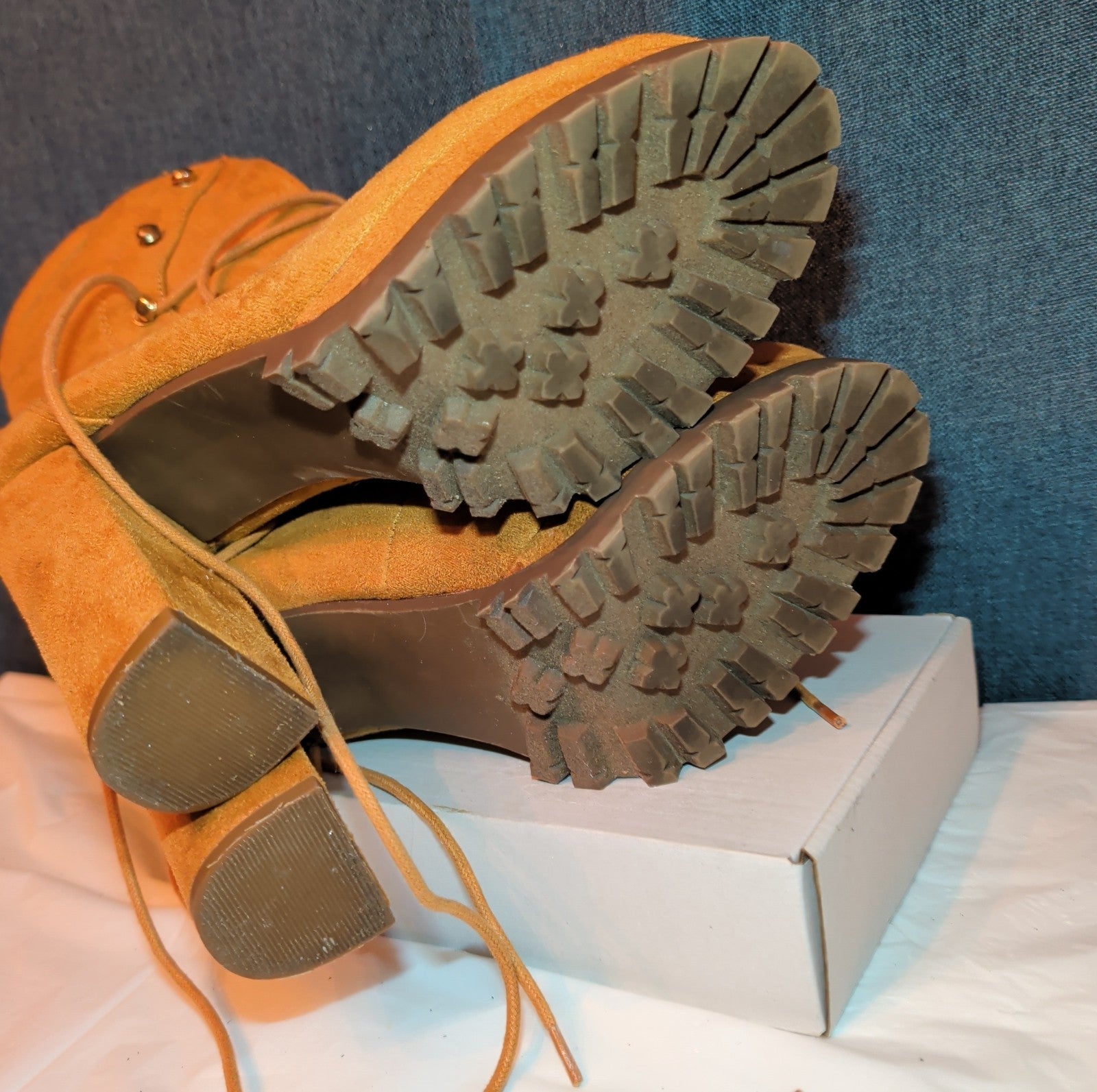 Chunky Platform Heel Combat Boot Faux Suede Mustard Y2K  Size 10