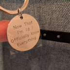 Sweet 16 Funny Keychain Silver Tone Birthday Gift ..I Officially Know Everything