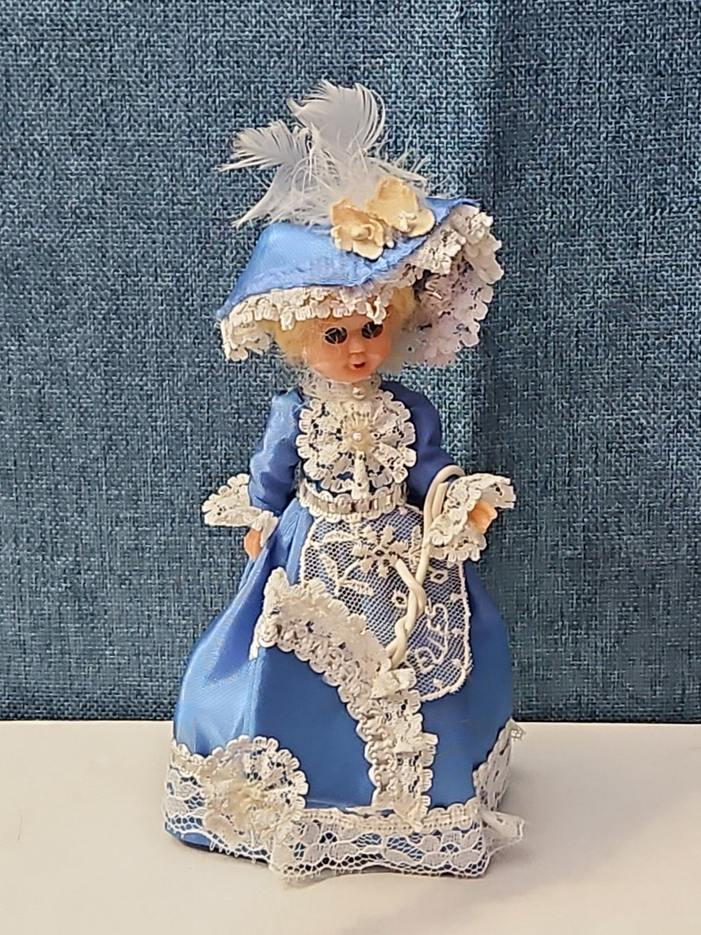 Vintage Brussels Souvenir Doll | 6" Belgium Blue Dress | "Bruxelles" Lace Apron