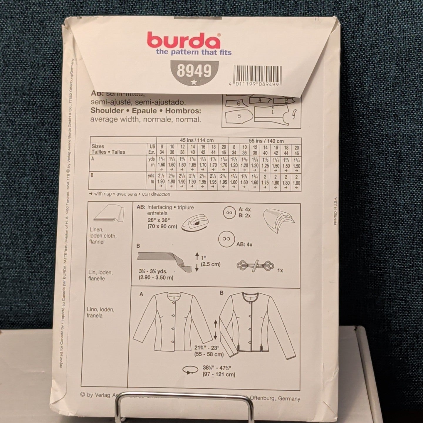 BURDA 8949 Misses Jacket Sewing Pattern | Sizes 8-20 | Easy Chanel Style UNCUT