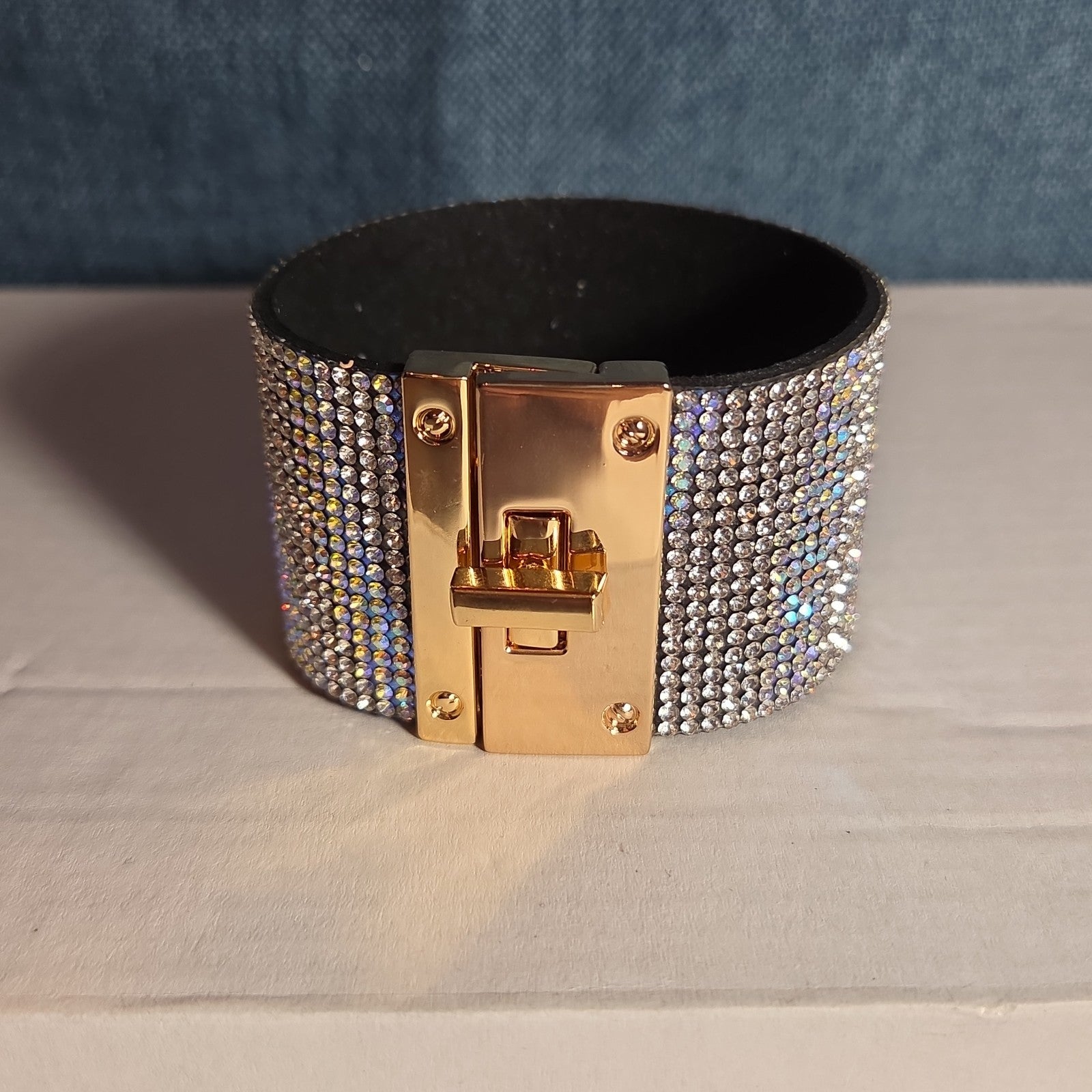 Rhinestone Wide Cuff Bracelet AB Crystal Gold Tone Y2K Glam Style NWOT