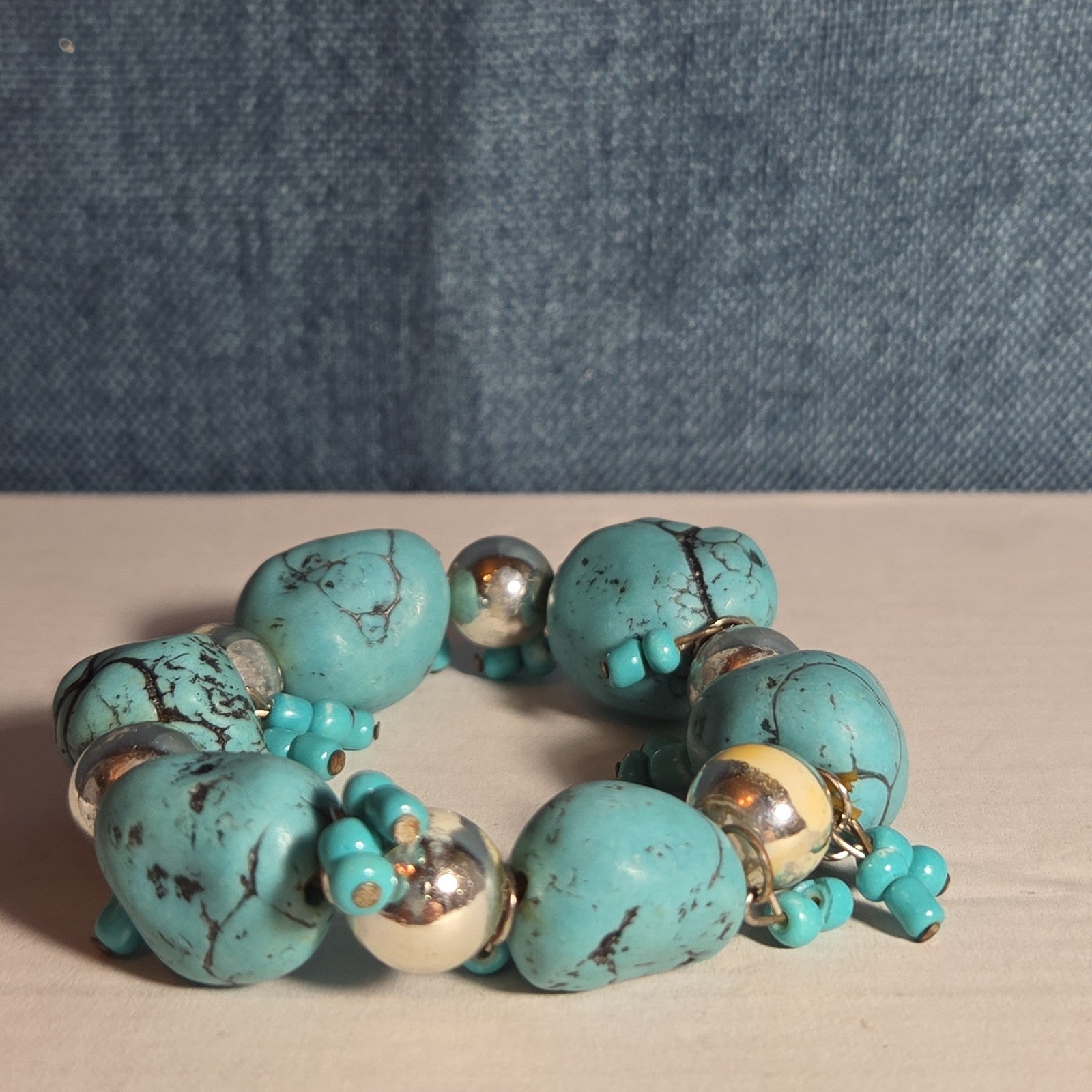 Chunky Faux Turquoise Silver Tone Stretch Bracelet Boho Y2K NWOT