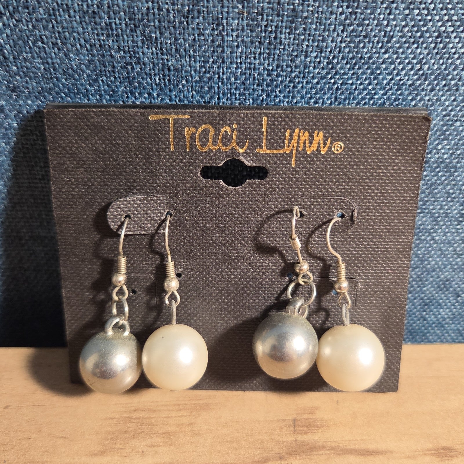 Traci Lynn Faux Pearl Silver Ball Hook Drop Earrings