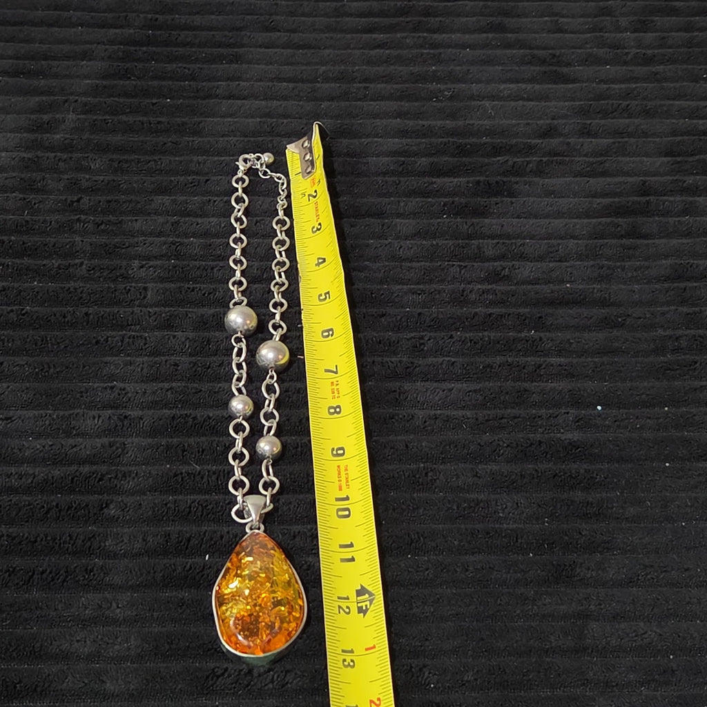 Vintage Faux Amber Necklace Clip On Earrings Set Silver Tone Teardrop Shimmer