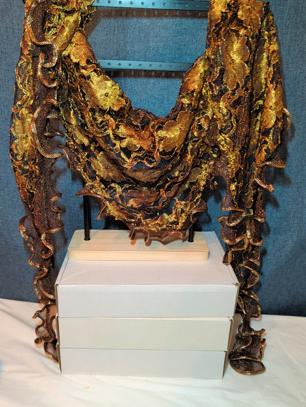 Laurena by LJL Metallic Lace Scarf Wrap Henna Rust Ruffled Boho NWT 63x23
