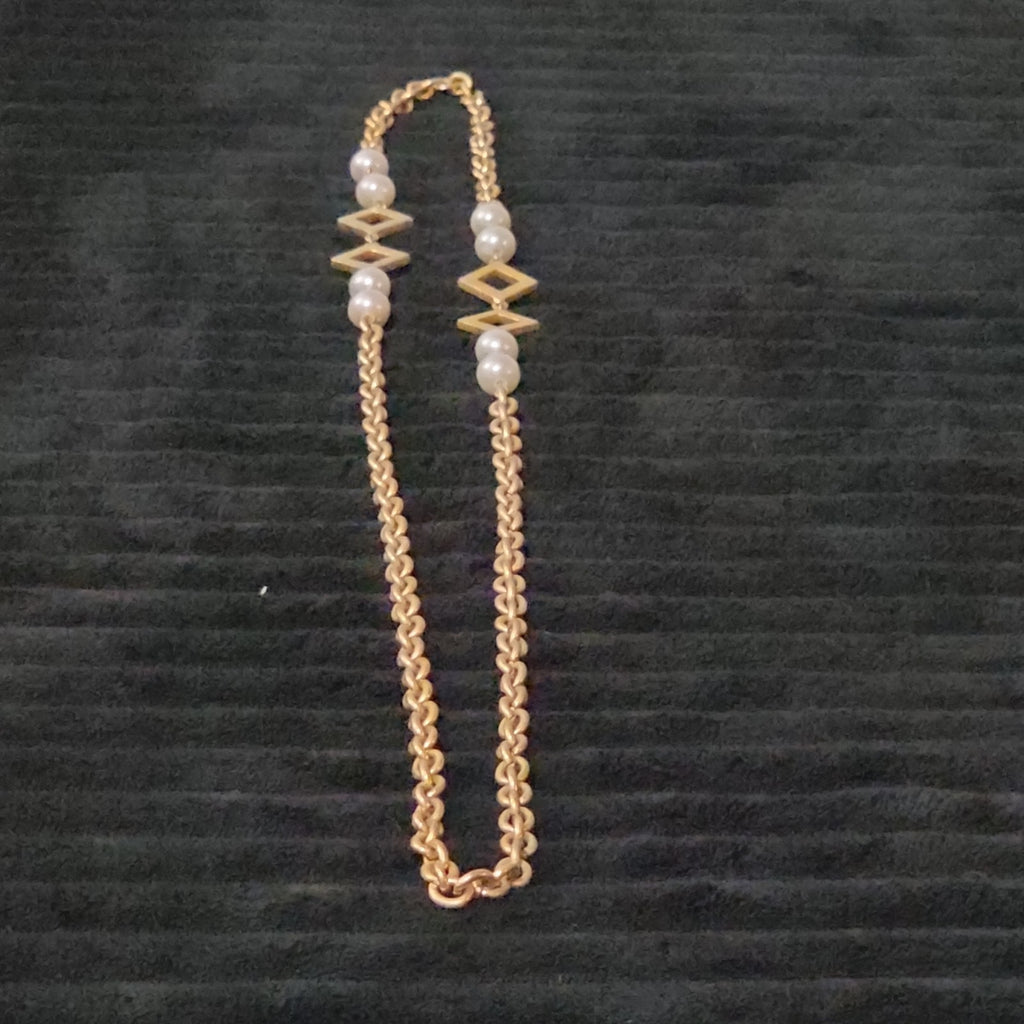 Vintage Gold Tone Geometric Necklace Long Pearl Station Diamond Link Chain 32"