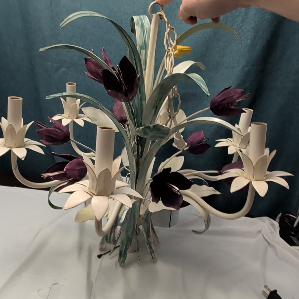 Vintage Floral Chandelier 6-Arm | Purple Tulips MCM | Hollywood | Tested