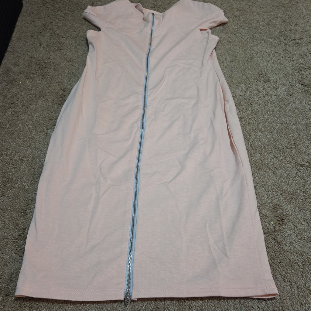 Blush Pink Midi Dress Full Zip Cutout Short Sleeve Bodycon XXL