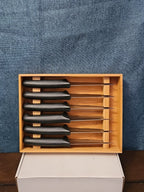 6 Gibson Steak Knives | 4.5" Serrated Stainless Steel | Wood Storage Block Tray