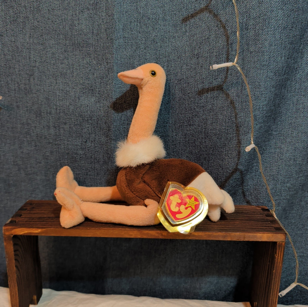 TY Beanie Baby Stretch Ostrich Plush PE Pellets 1997 Vintage With Heart Protect