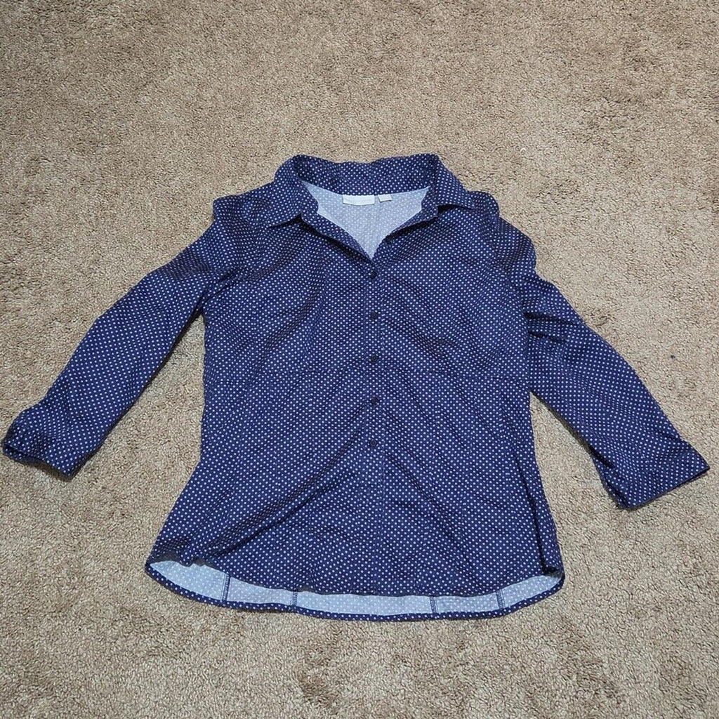 New York & Company Blouse Blue Polka Dot Button Down Office Wear Used Size L