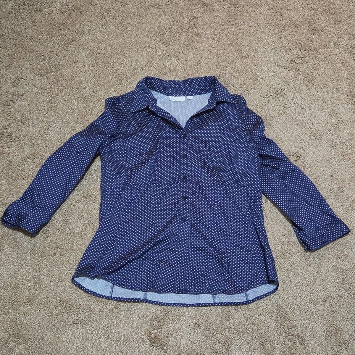 New York & Company Blouse Blue Polka Dot Button Down Office Wear Used Size L