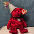 ​Ty Beanie Baby JULY Birthday Bear 2002 Red Teddy Silver Party Hat with Tag