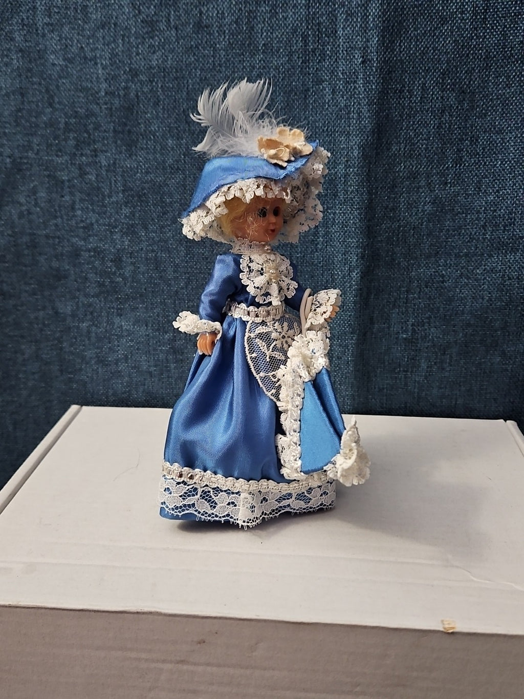 Vintage Brussels Souvenir Doll | 6" Belgium Blue Dress | "Bruxelles" Lace Apron