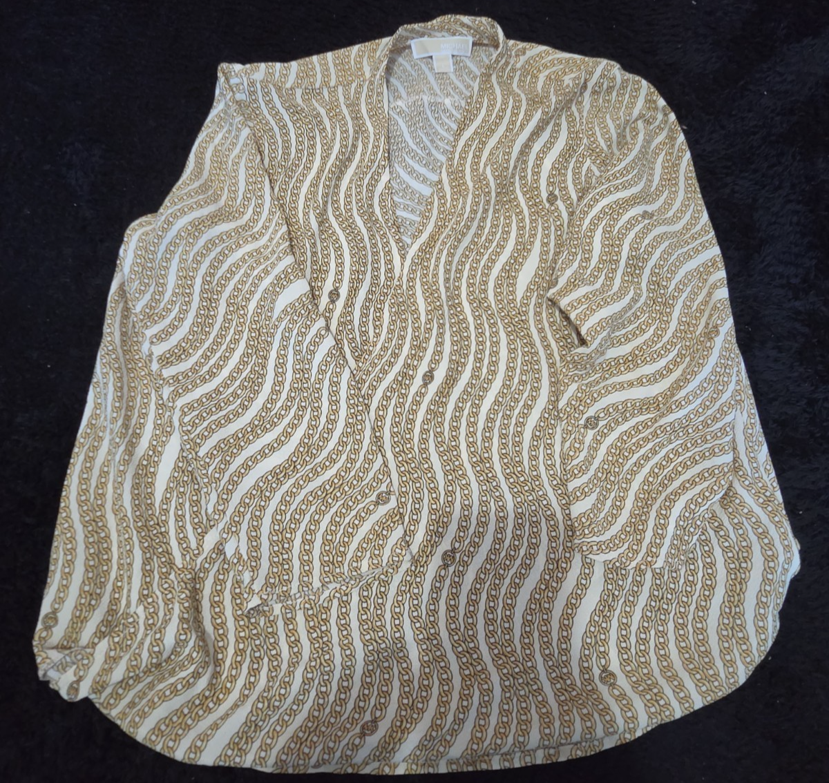 Michael Kors Blouse Gold Chain Link Print Wrap V-Neck Stretch Top L Gently Used