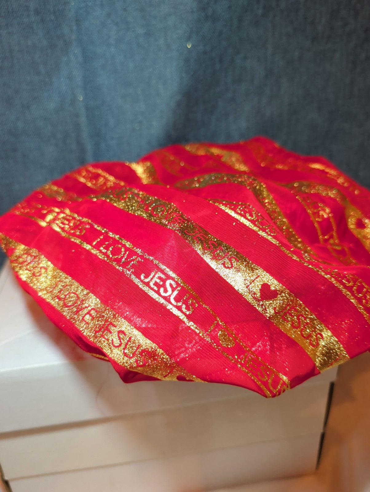 I Love Jesus Satin Hair Bonnet Sleep Cap Red Gold Glitter OS Made in USA
