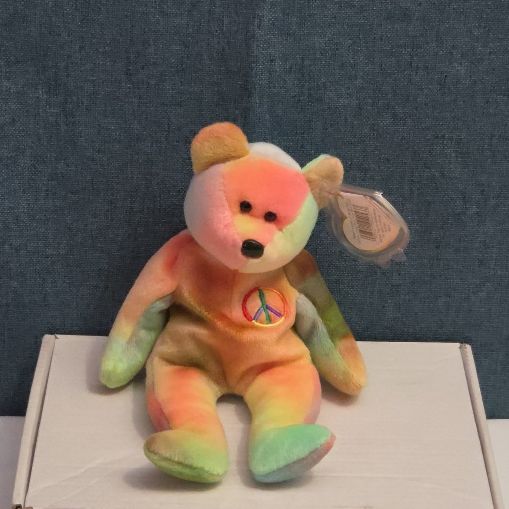 Ty Beanie Baby Peace Bear 1997 Retired - Unique Pastel Tie Dye Tag Protector