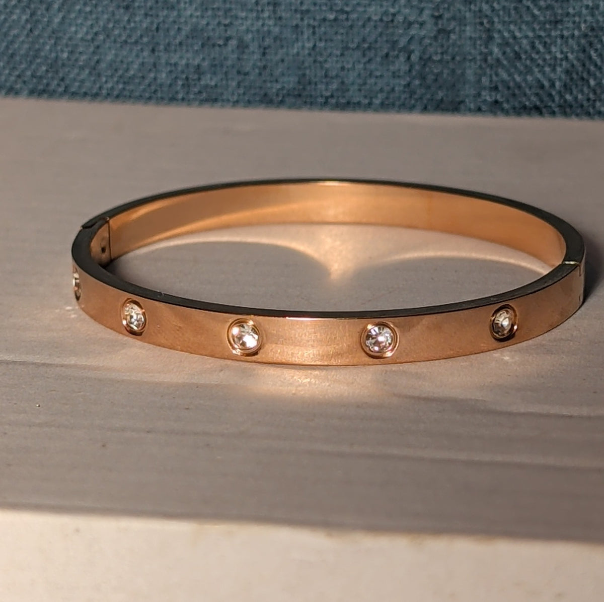 Hinged Bangle Copper Rose Gold Tone Rhinestone