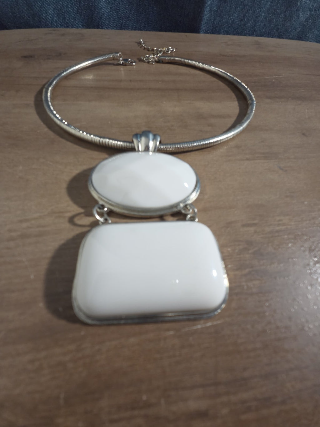 White Stone Pendant Silver Tone Omega Collar Choker Statement Necklace