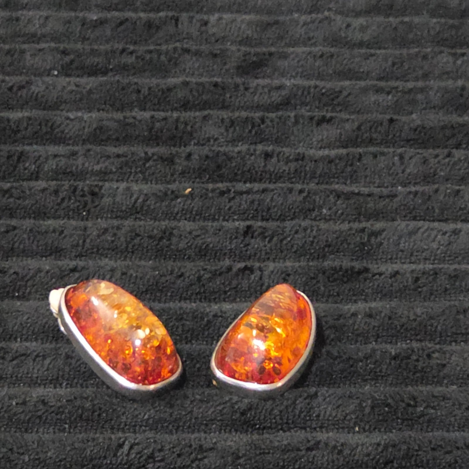 Vintage Faux Amber Necklace Clip On Earrings Set Silver Tone Teardrop Shimmer