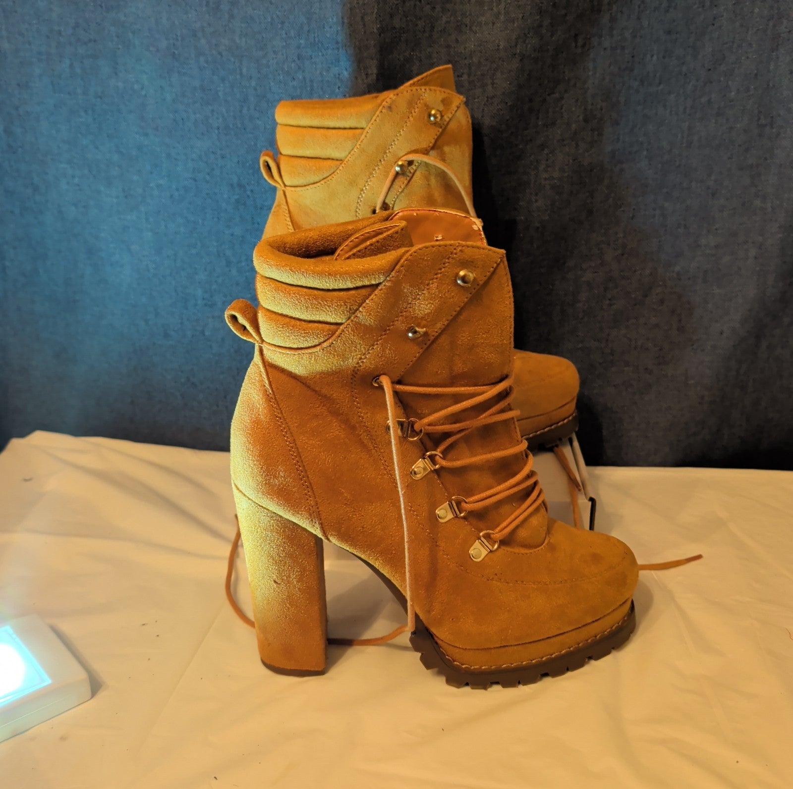 Chunky Platform Heel Combat Boot Faux Suede Mustard Y2K  Size 10