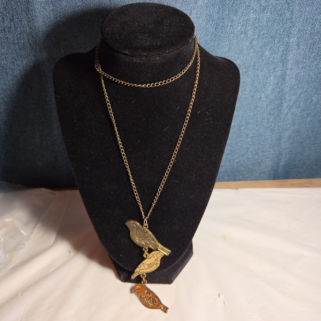 3 Birds Drop Pendant Necklace Brass Tone Long Chain Boho