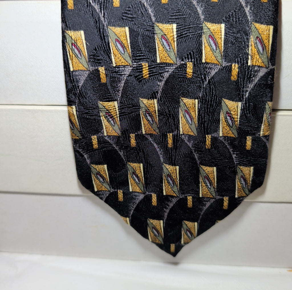 Vtg Ferrell Reed for Edwards Silk Neck Tie Black Gold Geometric Art Deco 59.5