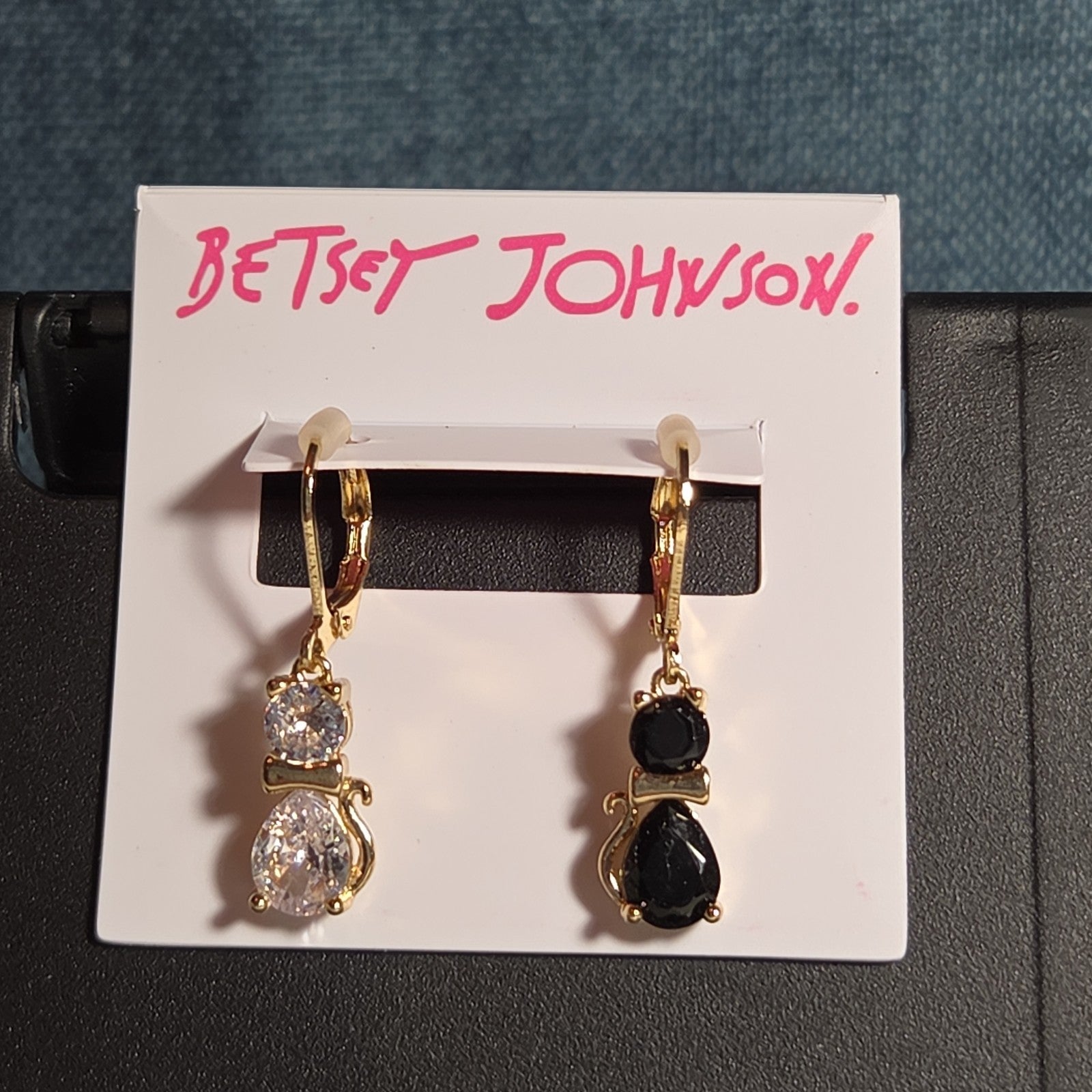 Betsey Johnson Mismatched Cat CZ Drop Earrings