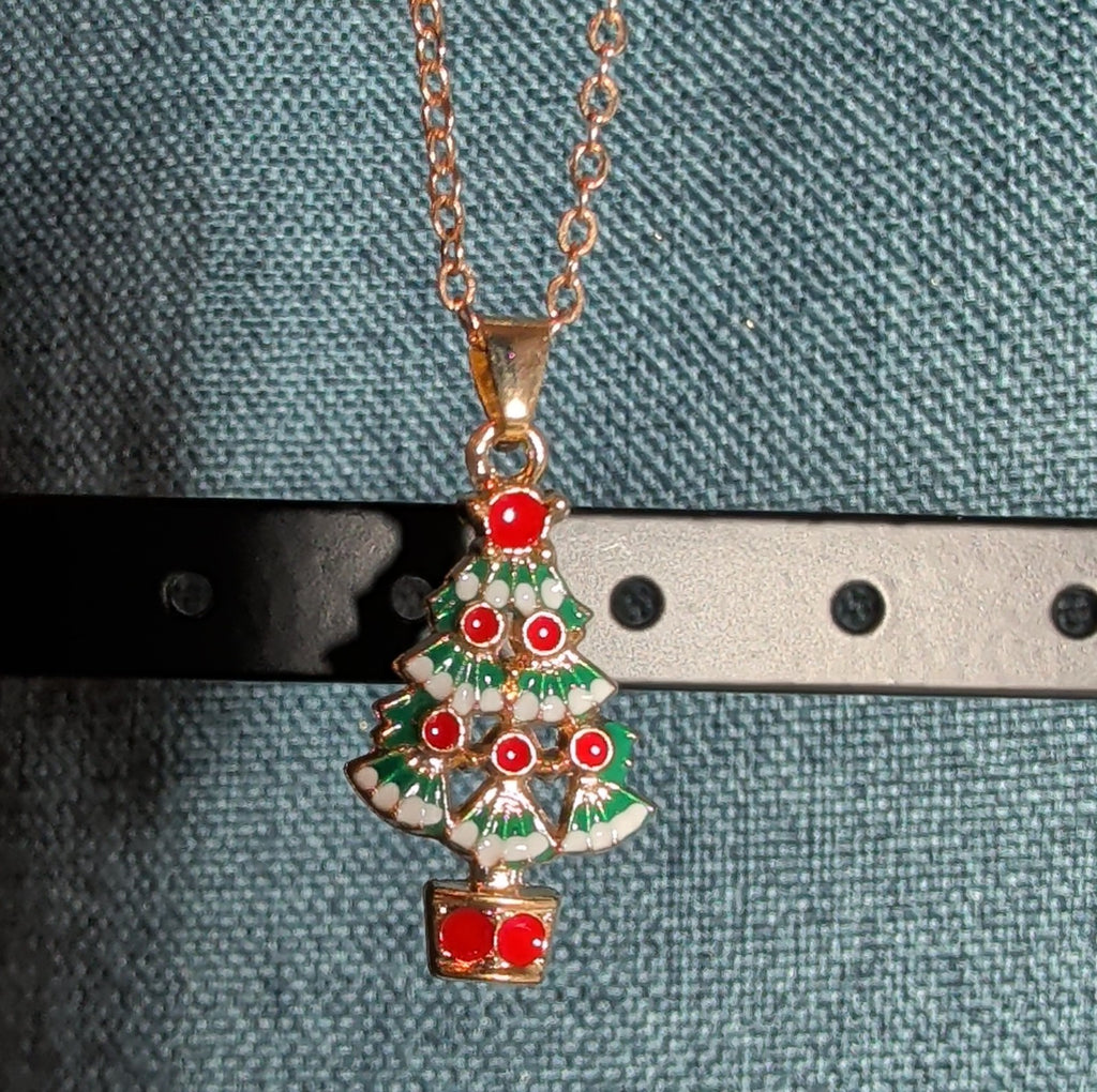 Christmas Tree Necklace Earring Set Gold Tone Enamel Holiday