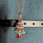 Christmas Tree Necklace Earring Set Gold Tone Enamel Holiday