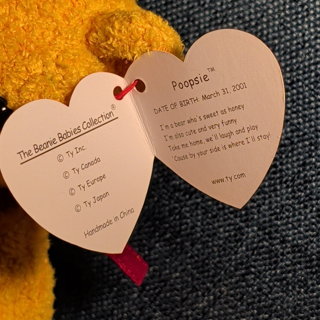 Ty Beanie Baby POOPSIE THE BEAR | 2001 Retired MWMT | Vintage Yellow Teddy Bear