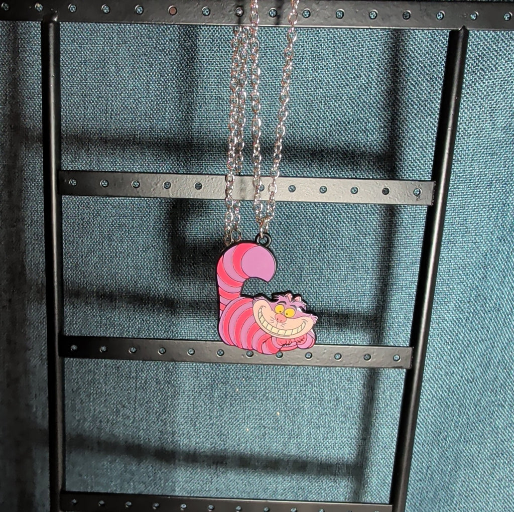 Cheshire Cat Necklace Pink Enamel Silver Tone Pop Culture
