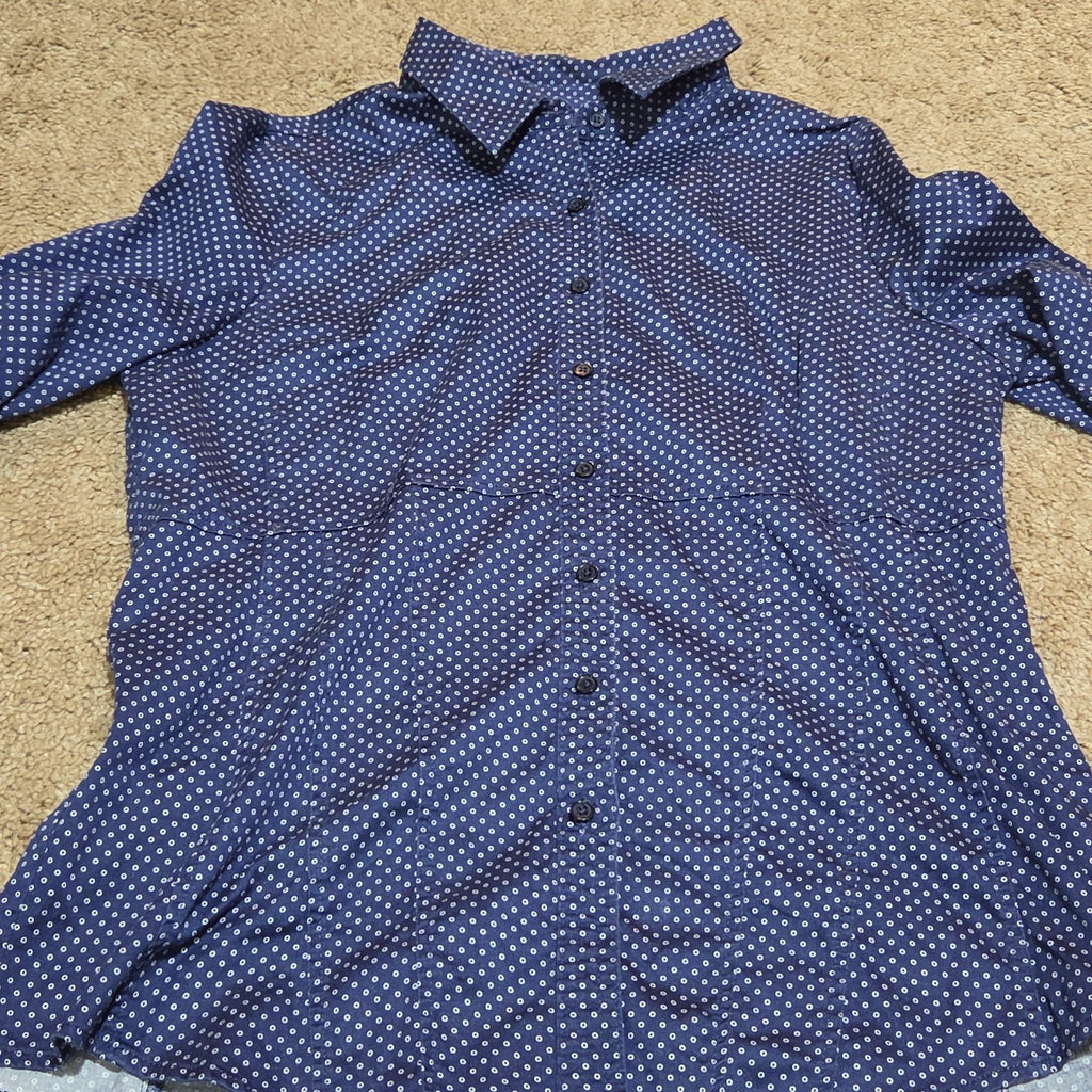 New York & Company Blouse Blue Polka Dot Button Down Office Wear Used Size L