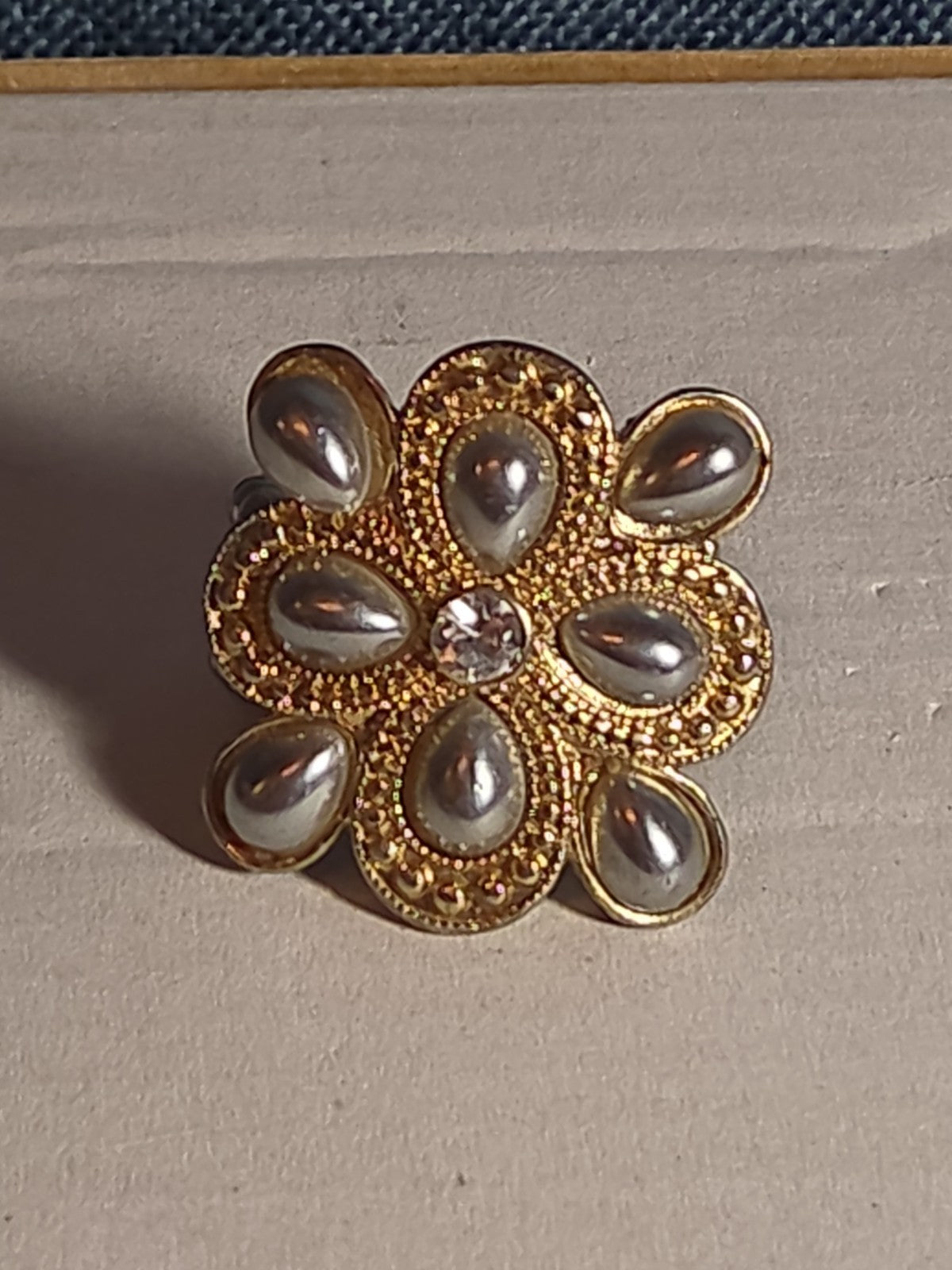 Sarah Coventry Pearl Rhinestone Flower Ring Vintage  Adjustable