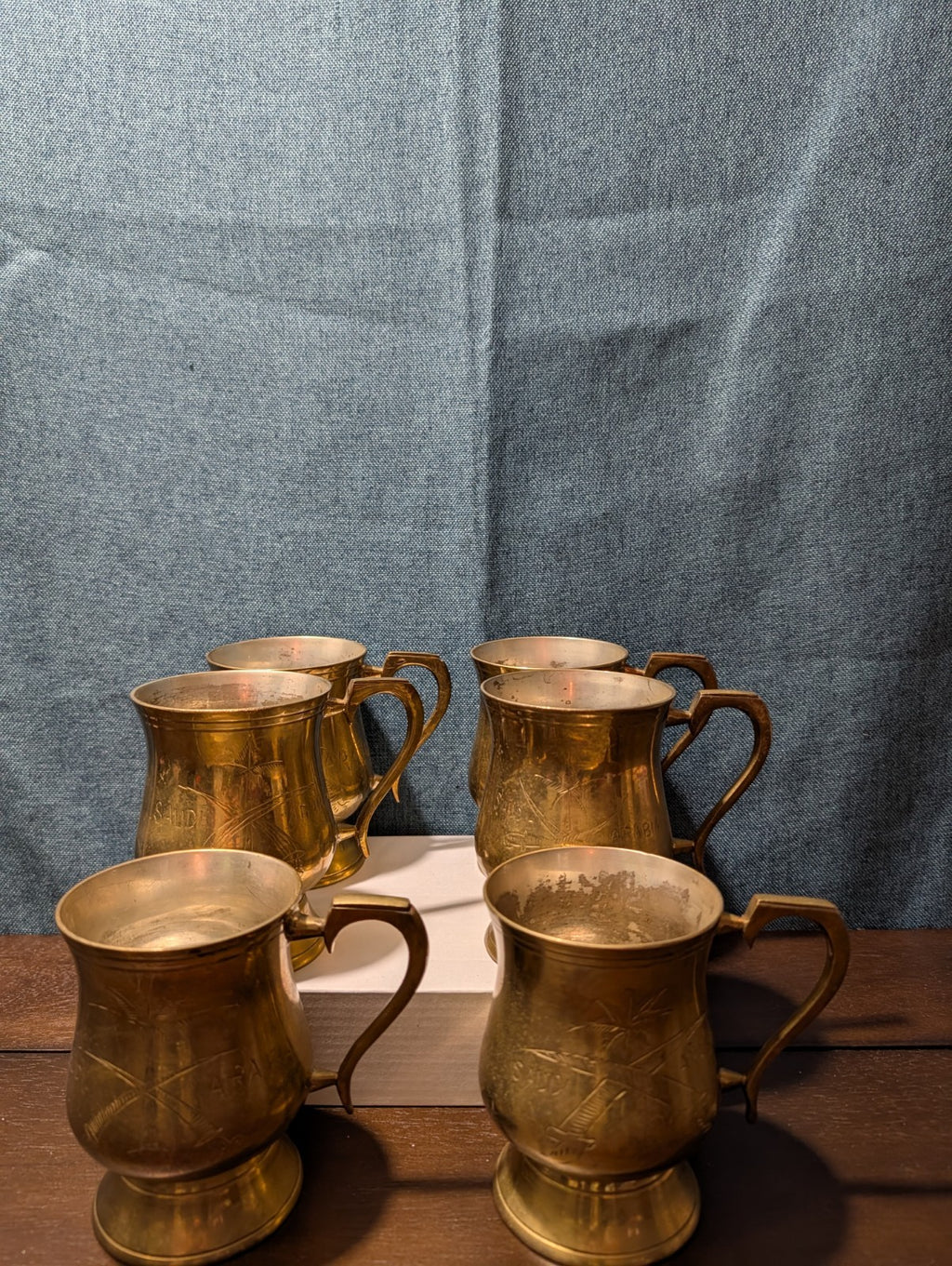 6 Vintage Etched Brass Mugs | Saudi Souvenir Goblets | Schree Amber  & Co.
