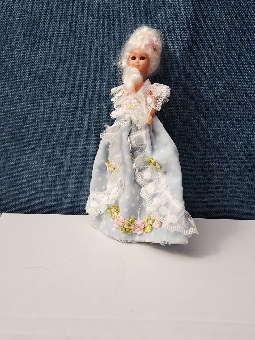 Vintage 5.5" Costume Doll | Blue Polka Dot Rococo Dress | Hard Plastic Souvenir