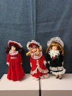 Set of 3 Vintage Porcelain Dolls | Red & Green Velvet | Christmas Carolers
