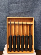 6 Gibson Steak Knives | 4.5" Serrated Stainless Steel | Wood Storage Block Tray