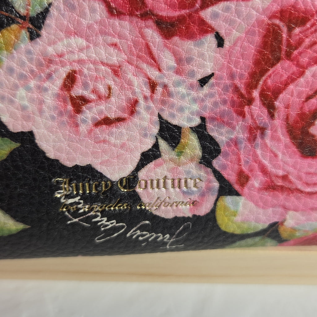 Juicy Couture Rose Floral Zipper Pouch Card Holder Black Pink Y2K