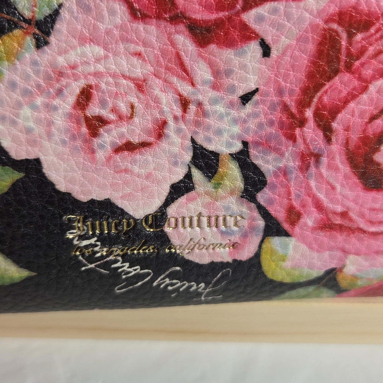 Juicy Couture Rose Floral Zipper Pouch Card Holder Black Pink Y2K