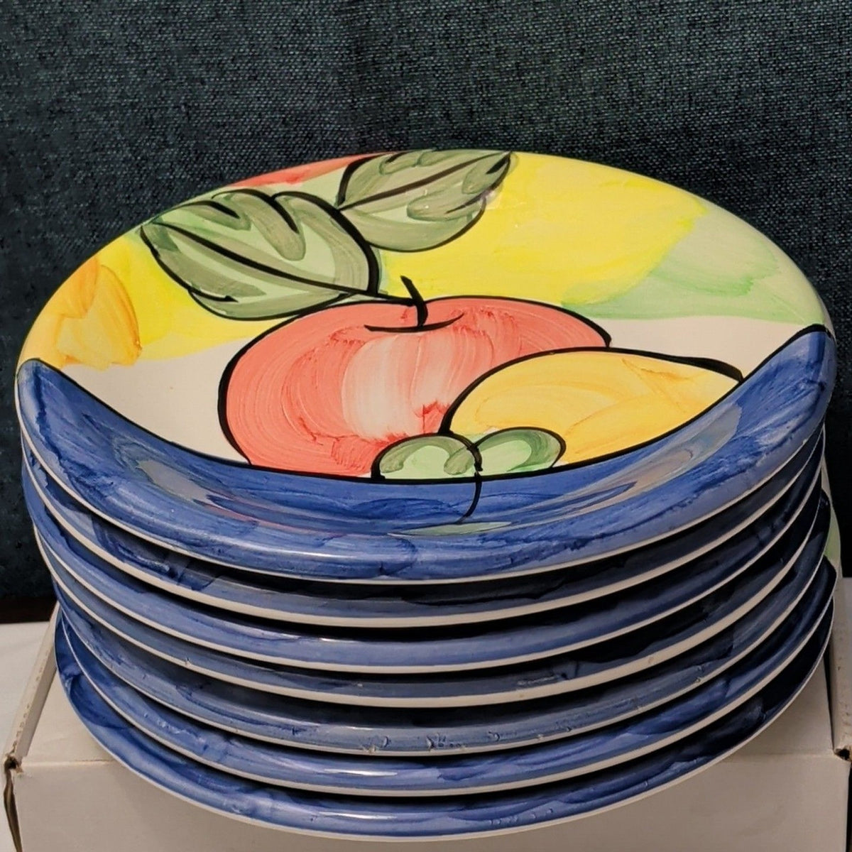 Bella Ceramica Alfresco Fruit Dinner Plates 10 in Hand Painted Set of 7
