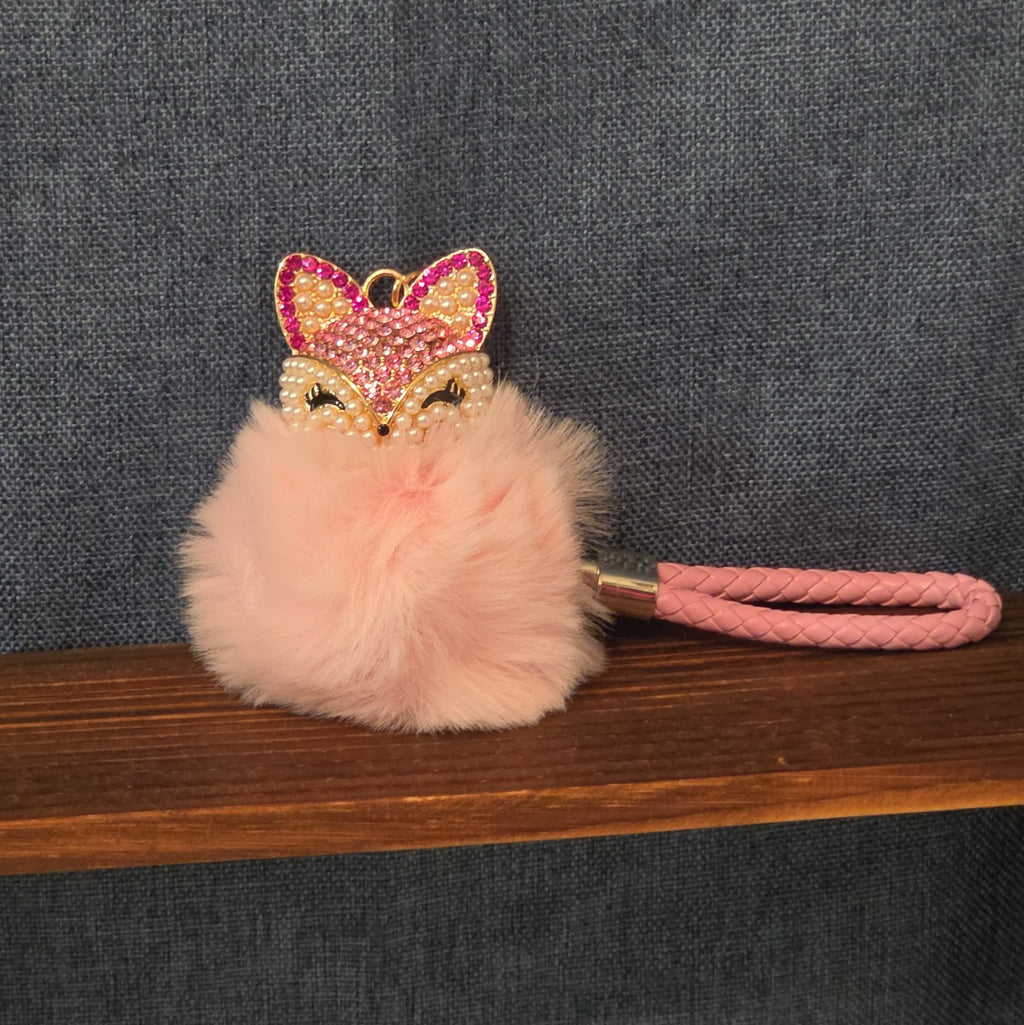 Pink Rhinestone Fox Pom Pom Keychain Charm Braided Strap