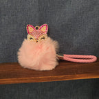 Pink Rhinestone Fox Pom Pom Keychain Charm Braided Strap