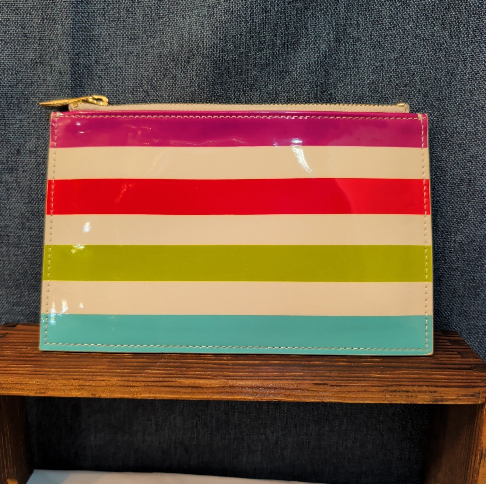 Kate Spade Striped Pencil Case Makeup Pouch Glossy Patent Preppy