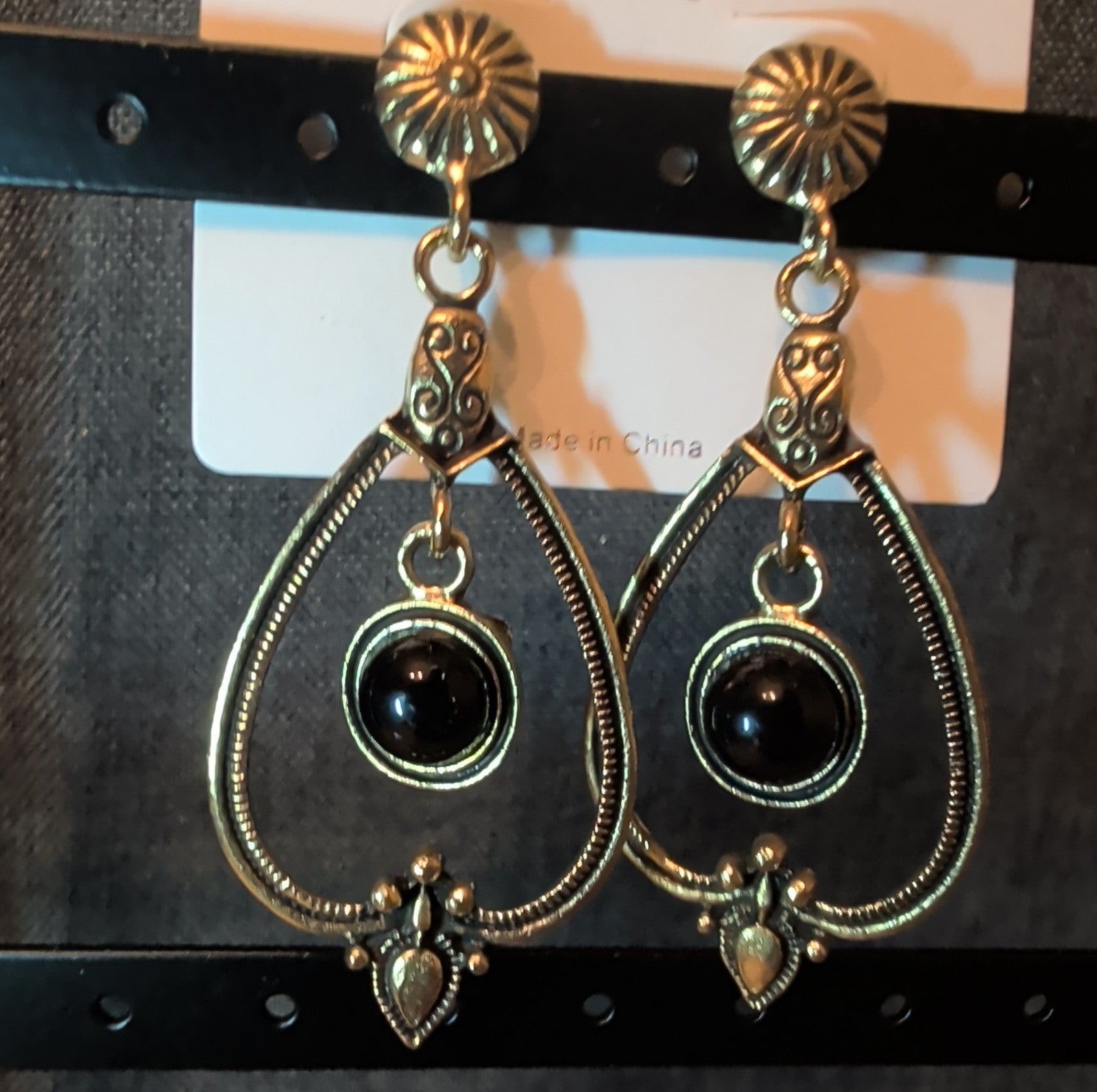 Melody Boho Western Dangle Earrings Gold Tone Black Bead Vintage Vibe