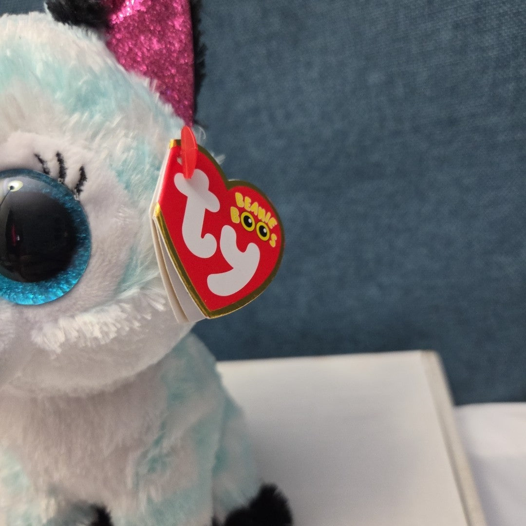 Ty Beanie Boos Atlas Aqua Chevron Fox 6" Plush Blue Glitter Eyes Retired MWMT