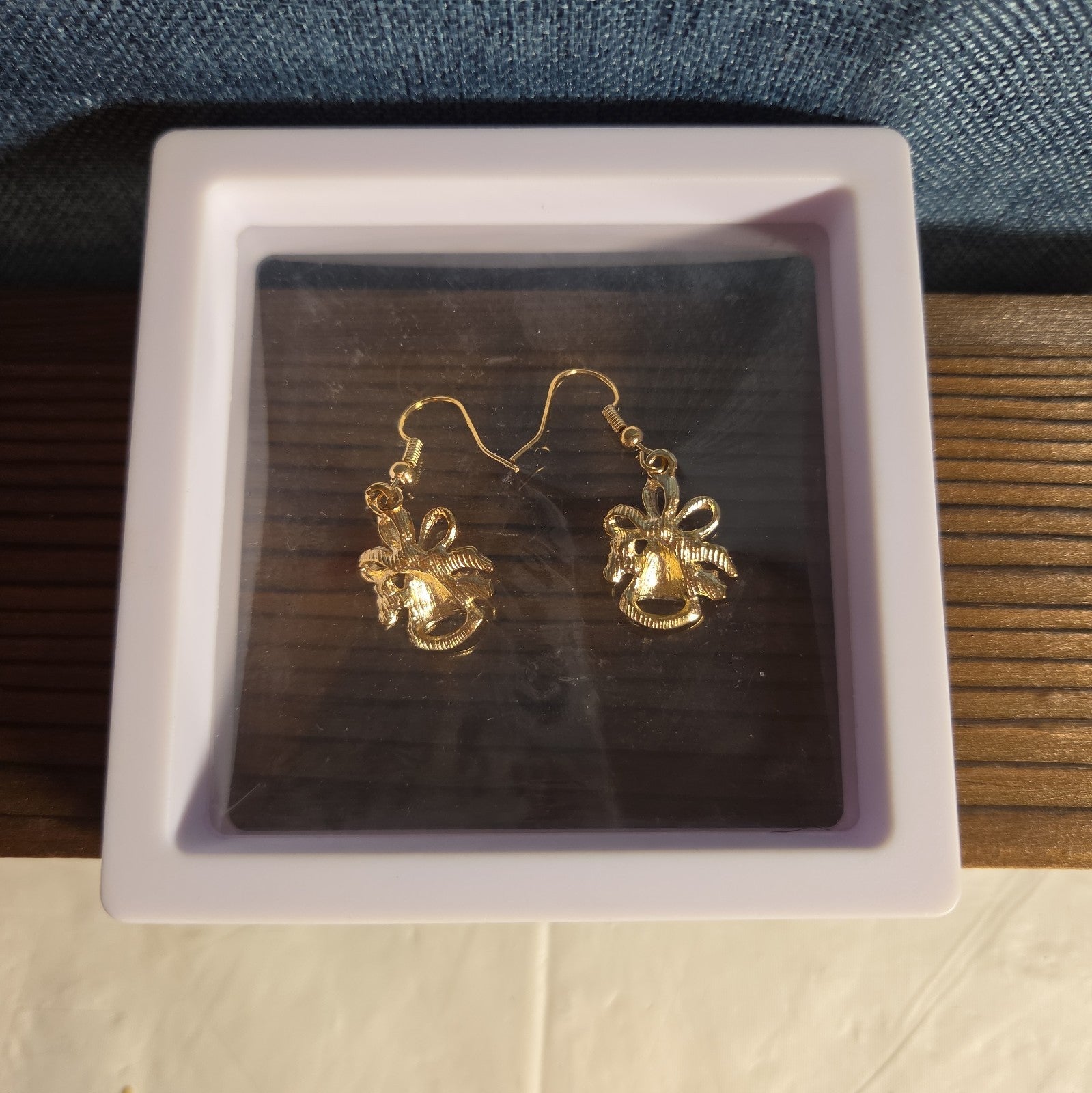 Gold Christmas Bells Drop Earrings 3/4" Red Enamel