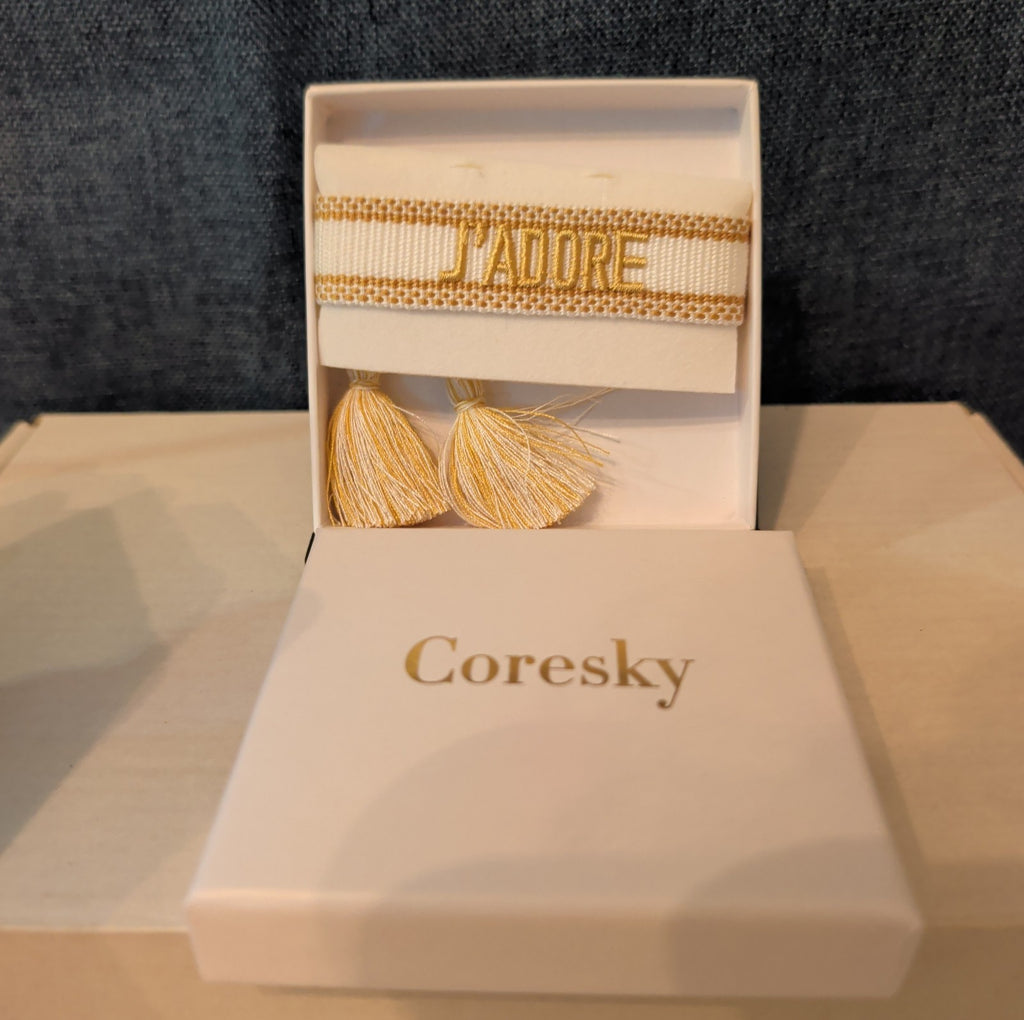 Coresky J'Adore Embroidered Woven Tassel Bracelet Gold Boho NIB